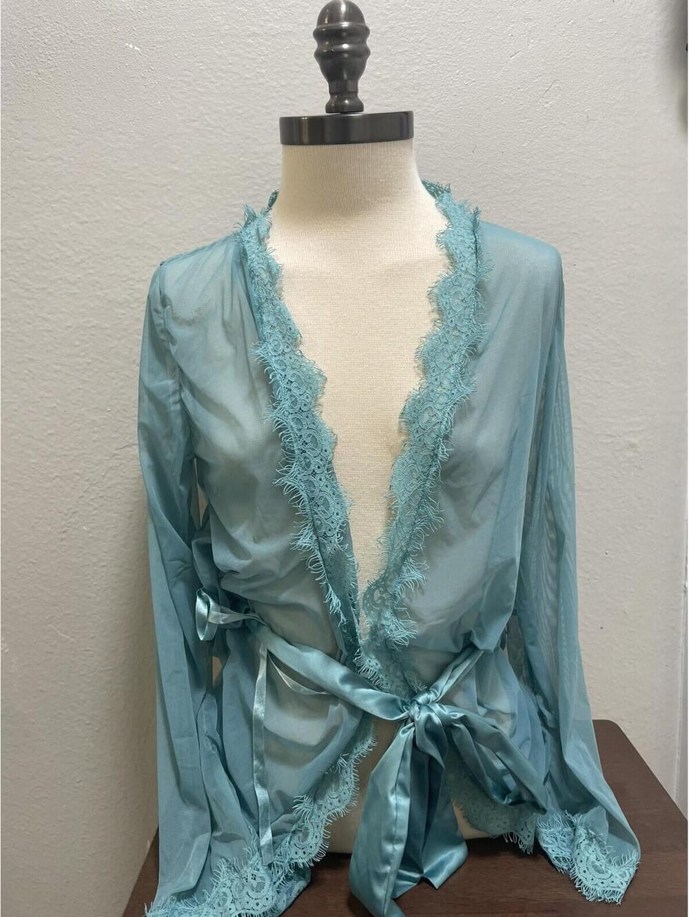 Oh La La Cheri Paris Romantic Sheer Teal Lace Robe Sz Sm/M